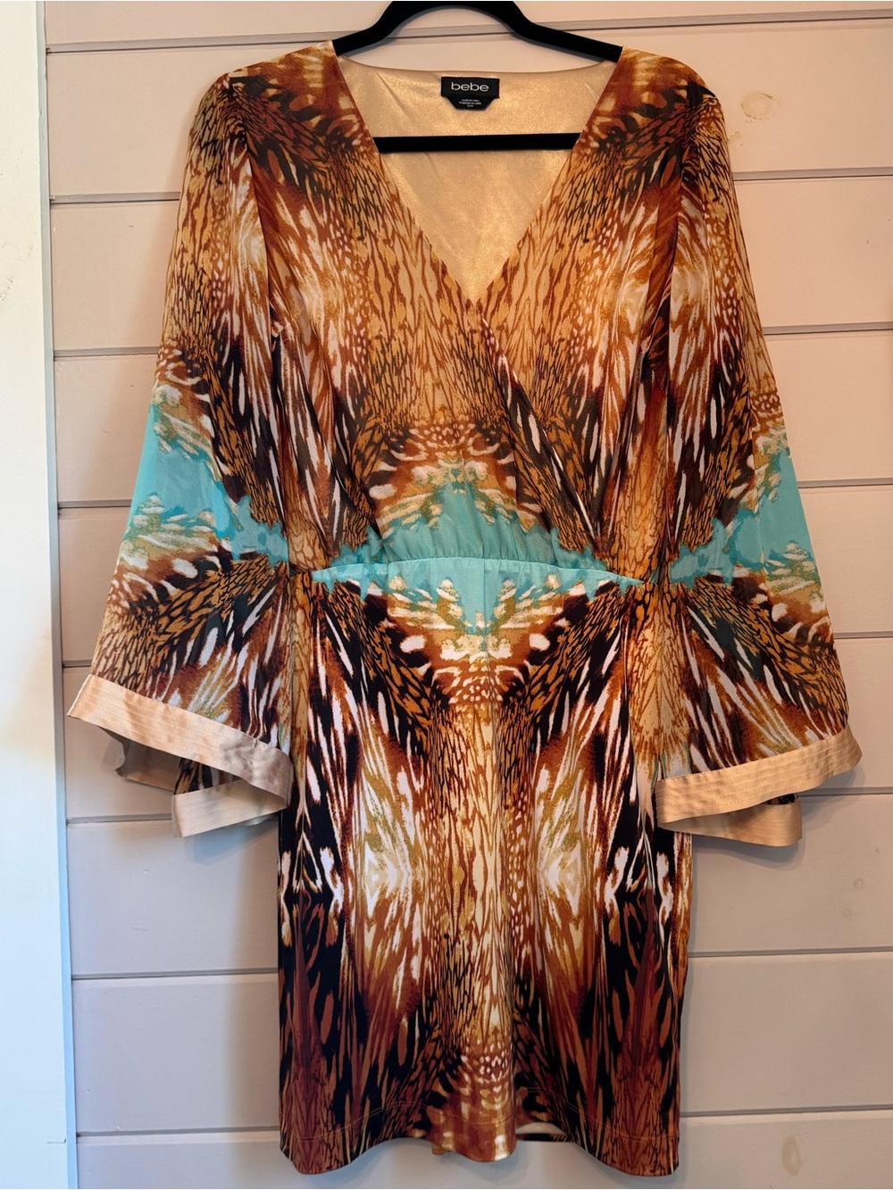 Bebe Women’s Kimono Inspired Animal Print Mini Dress, Brown & Turquoise